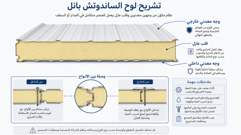 رسم توضيحي لطبقات لوح الساندوتش بانل وتفاصيل الوصلات