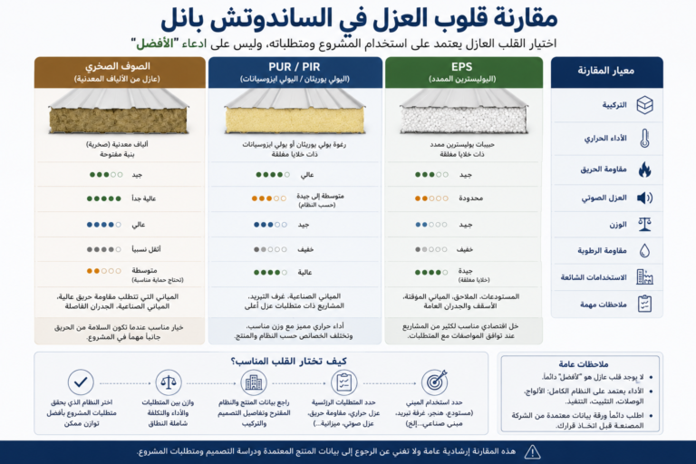 مقارنة توضيحية بين أنواع قلوب العزل في ألواح الساندوتش بانل