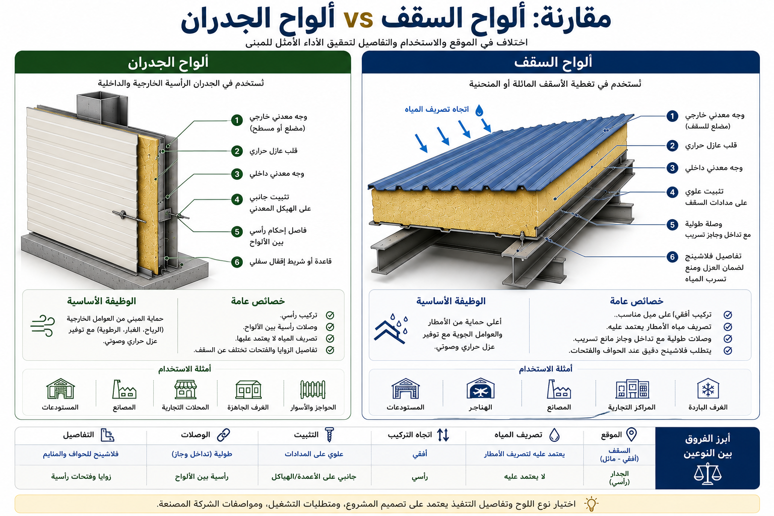 مقارنة توضيحية بين ألواح السقف والجدران